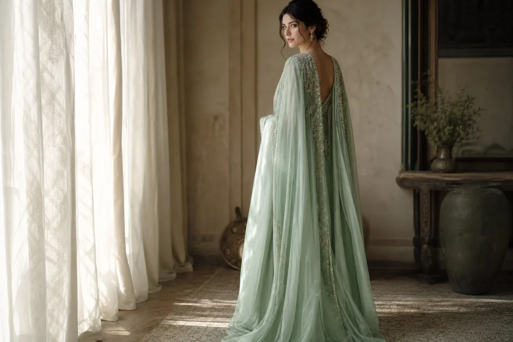 Robe vert d’eau avec cape : une allure majestueuse pour les grandes occasions