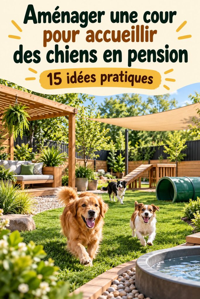 Aménagement d'une cour dédiée aux chiens en pension, avec des équipements de sécurité et de confort.