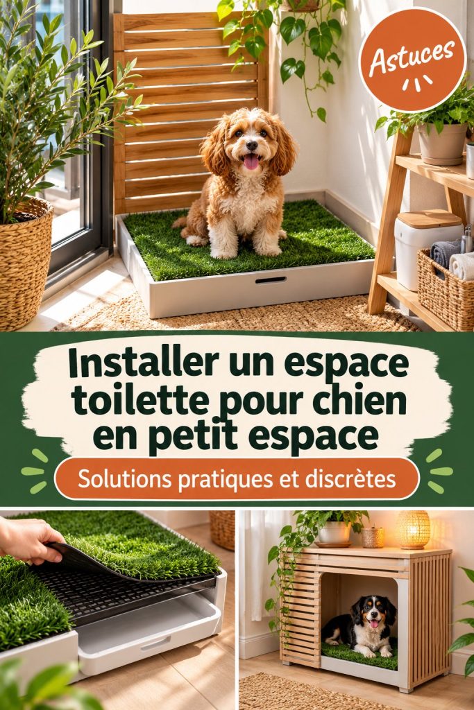 Espace toilettes pour chien aménagé sur un balcon avec du gazon synthétique